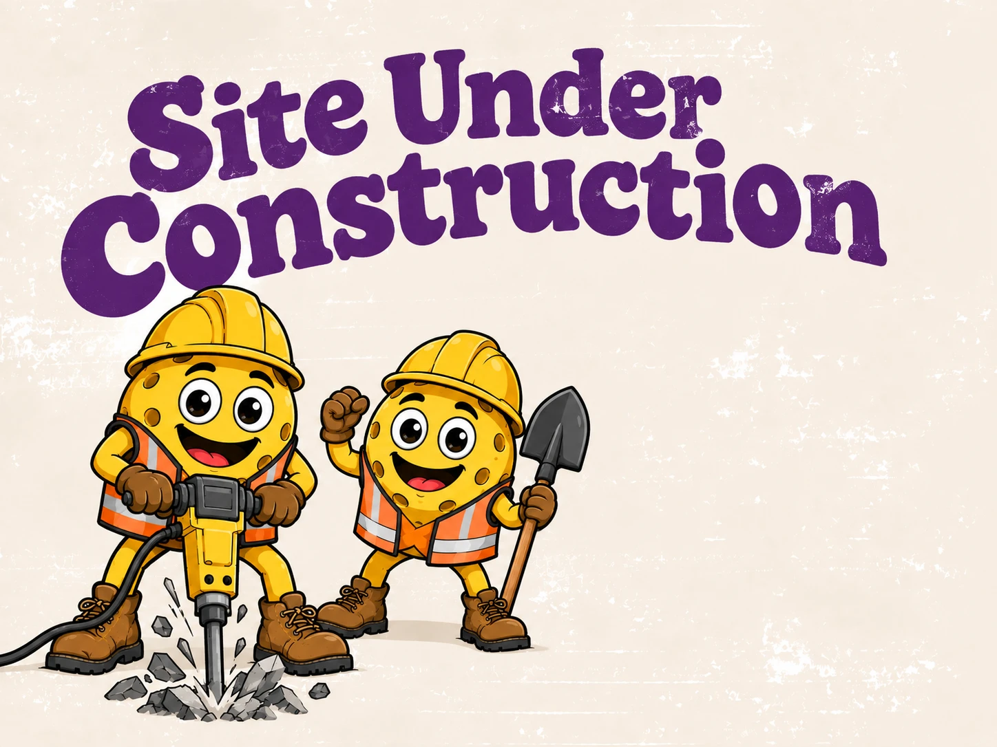 Site under construction: two smiling pickleball mascots in hard hats, one running a jackhammer and one holding a shovel